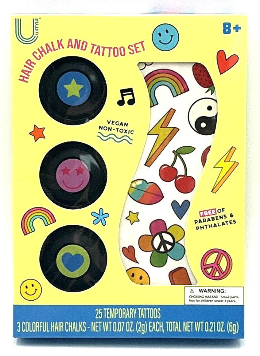 U Style Hair Chalk & Tattoo Set-25 Temporary Tattoos & 3 Hair Chalks-Ages 8+ - Bellso